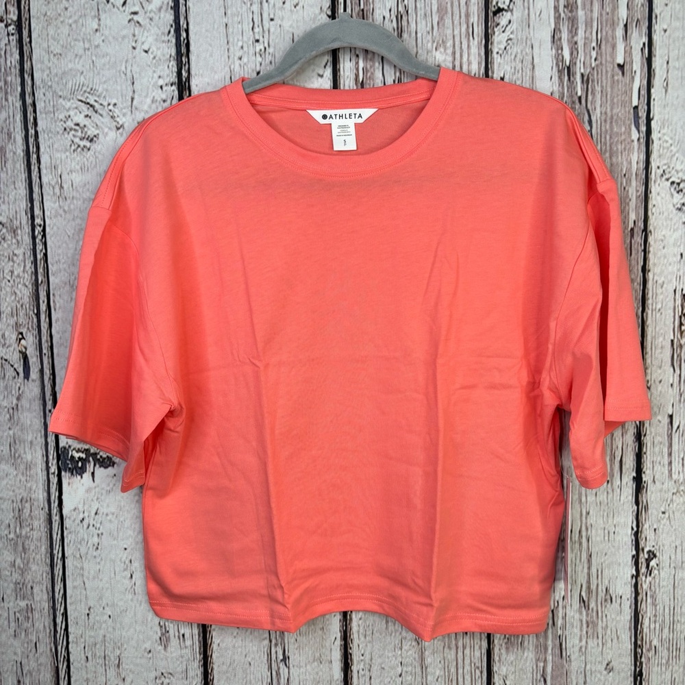 Athleta NWT‎ True Cotton Crop Tee Size Small Mimosa Pink Relaxed Fit Crew Neck